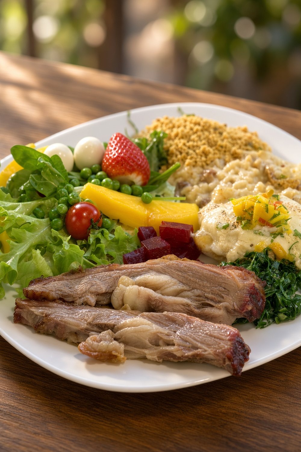 Prato montado no self-service do Seu Gastão: salada, gratinado, couve e carne assada na brasa